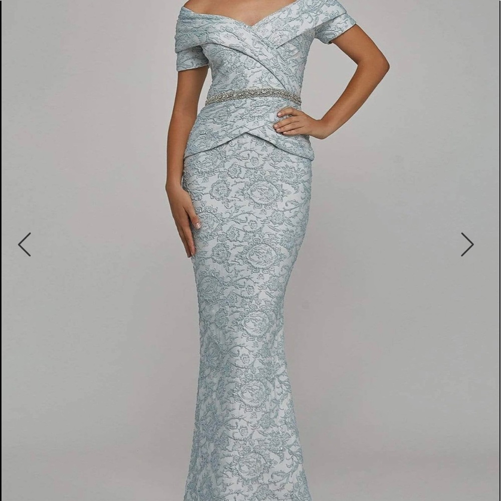 Terani Couture - Off Shoulder V Neck Beaded Belt Sheath Gown